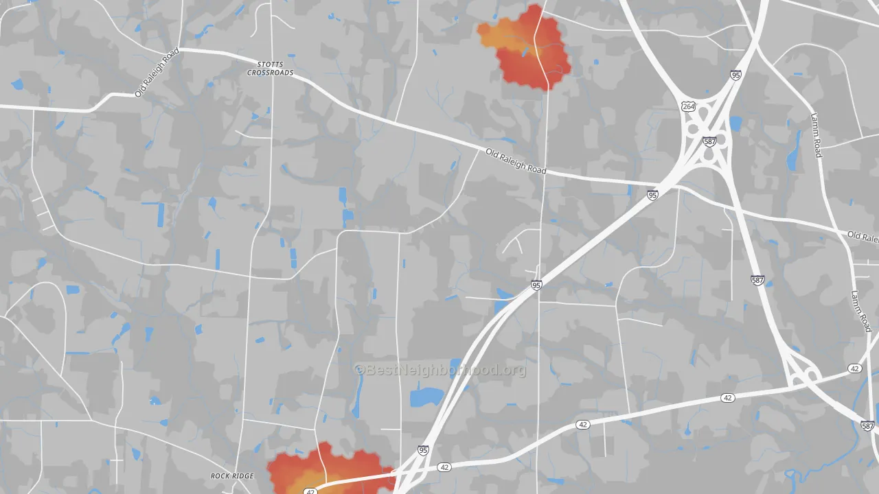 Walk Grade map of Stotts Crossroads, NC, walkable areas in green and car-dependent areas in red