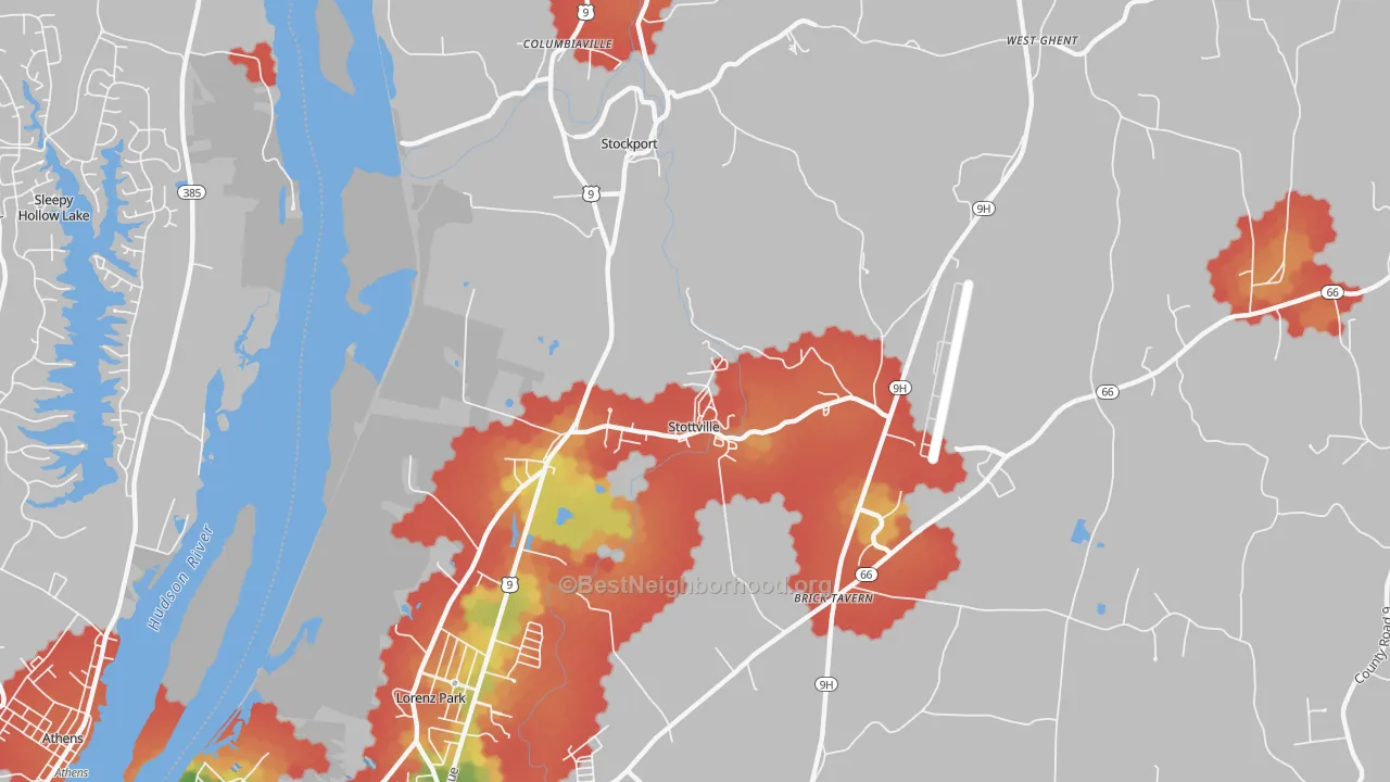 Walk Grade map of Stottville, NY, walkable areas in green and car-dependent areas in red