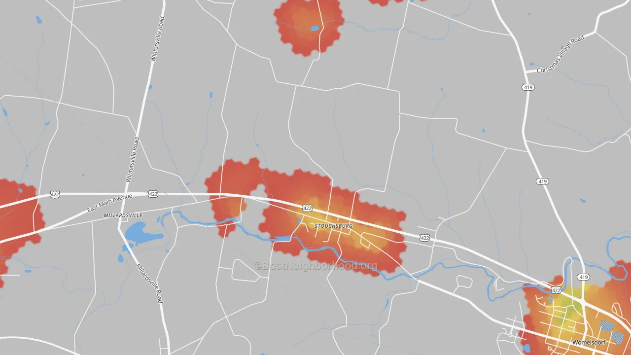 Walk Grade map of Stouchsburg, PA, walkable areas in green and car-dependent areas in red