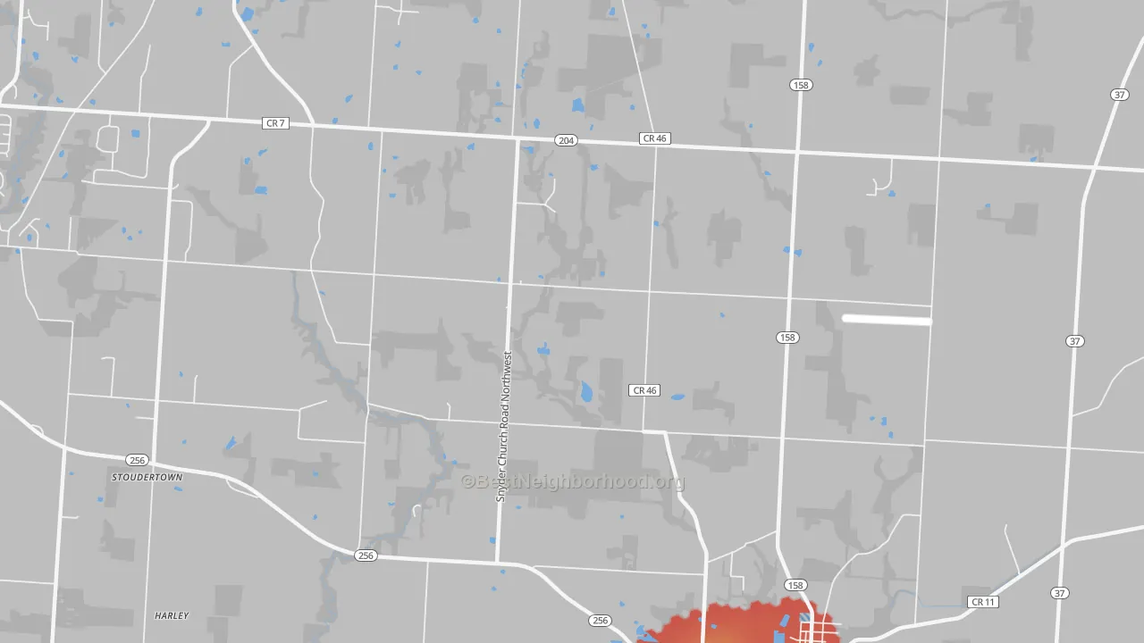 Walk Grade map of Stoudertown, OH, walkable areas in green and car-dependent areas in red