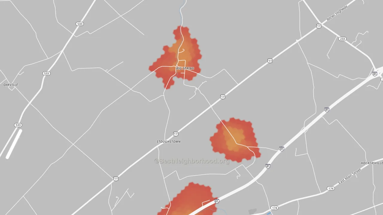 Walk Grade map of Stoughstown, PA, walkable areas in green and car-dependent areas in red