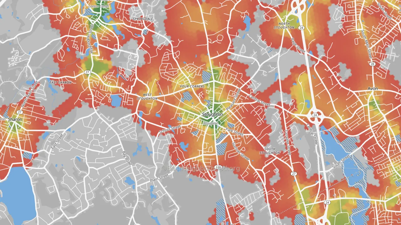 Walk Grade map of Stoughton, MA, walkable areas in green and car-dependent areas in red