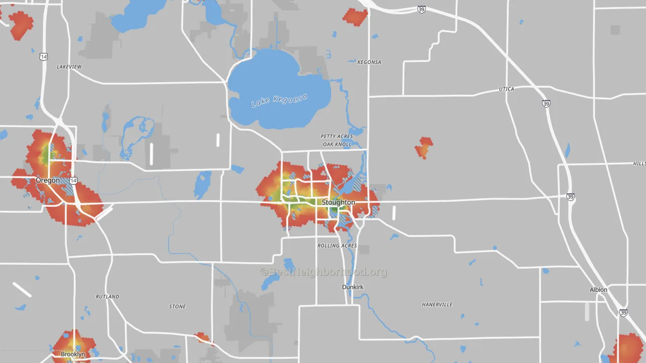 Walk Grade map of Stoughton, WI, walkable areas in green and car-dependent areas in red
