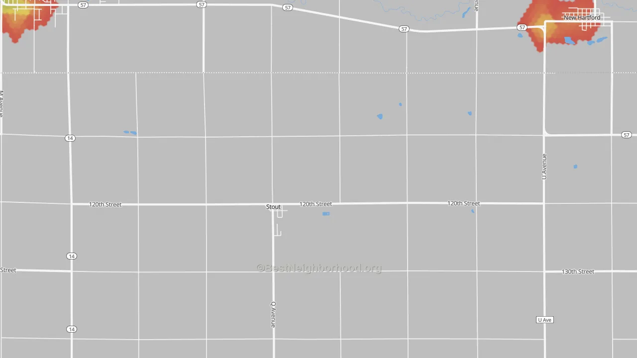 Walk Grade map of Stout, IA, walkable areas in green and car-dependent areas in red