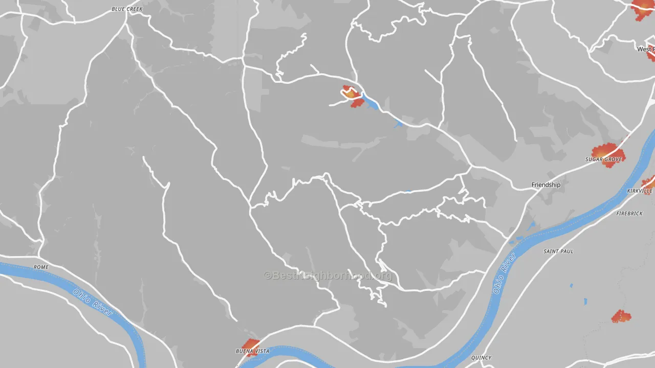 Walk Grade map of Stout, OH, walkable areas in green and car-dependent areas in red