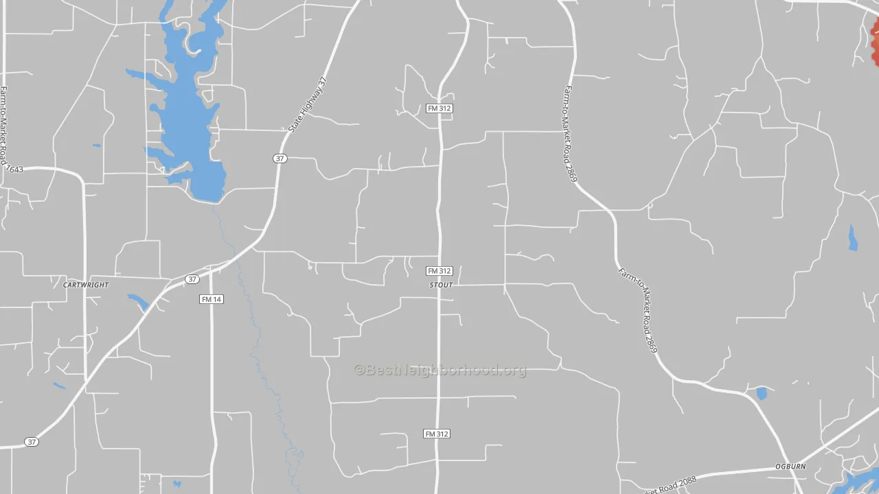 Walk Grade map of Stout, TX, walkable areas in green and car-dependent areas in red
