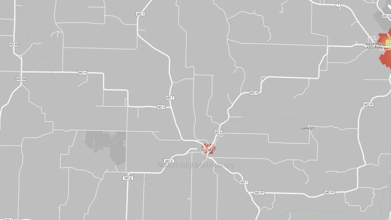 Walk Grade map of Stoutland, MO, walkable areas in green and car-dependent areas in red