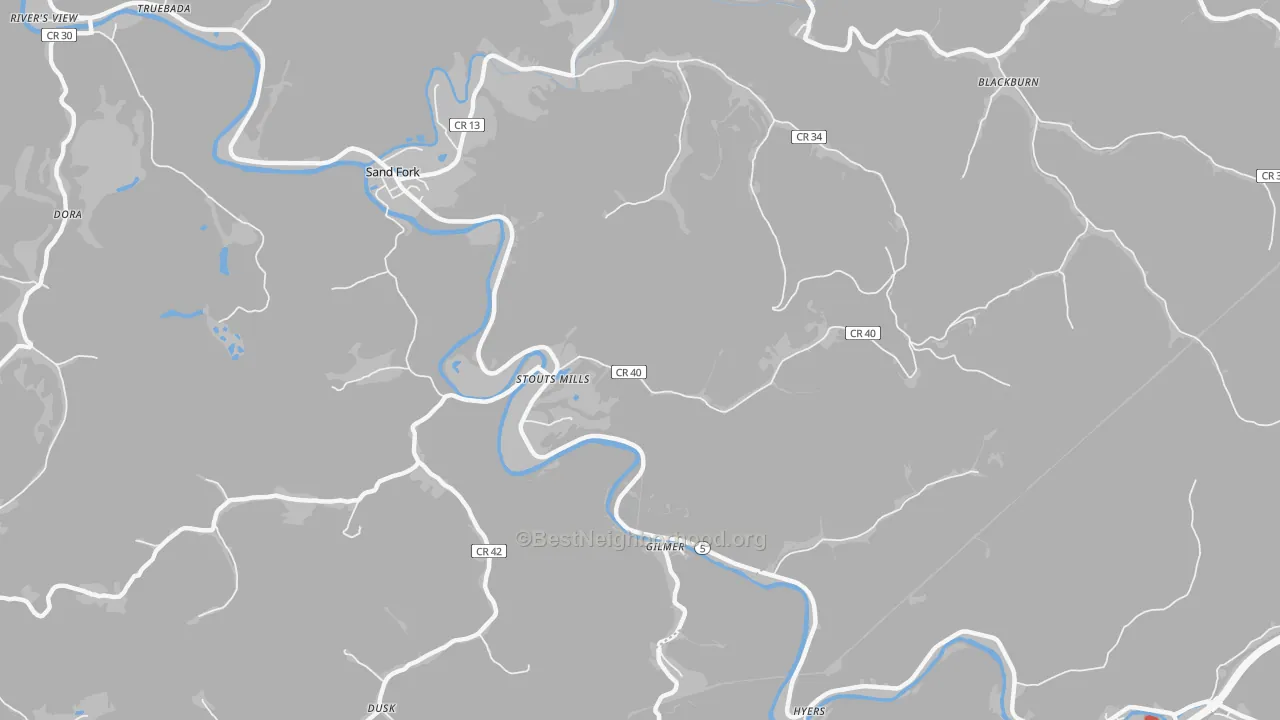 Walk Grade map of Stouts Mills, WV, walkable areas in green and car-dependent areas in red