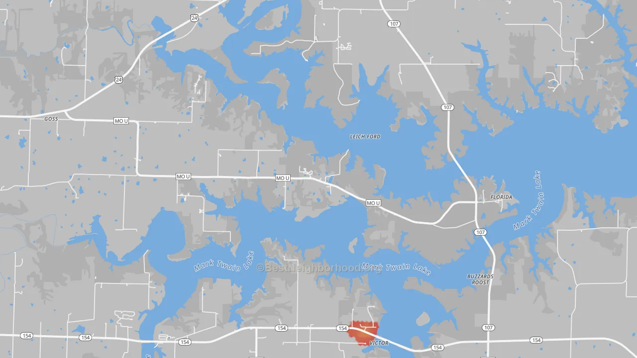 Walk Grade map of Stoutsville, MO, walkable areas in green and car-dependent areas in red