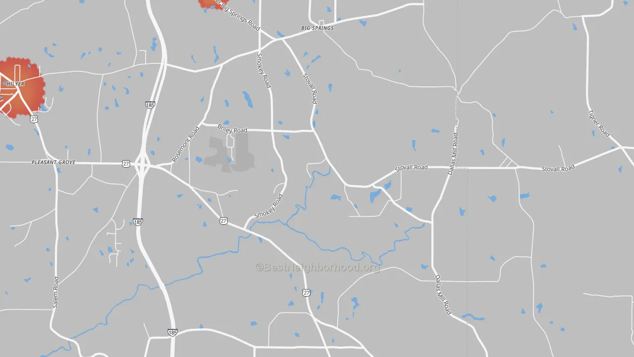 Walk Grade map of Stovall, GA, walkable areas in green and car-dependent areas in red