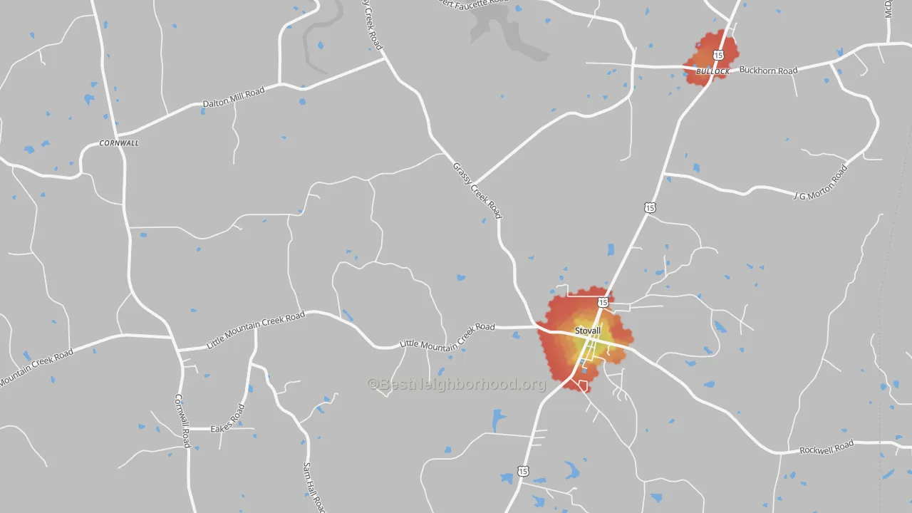 Walk Grade map of Stovall, NC, walkable areas in green and car-dependent areas in red