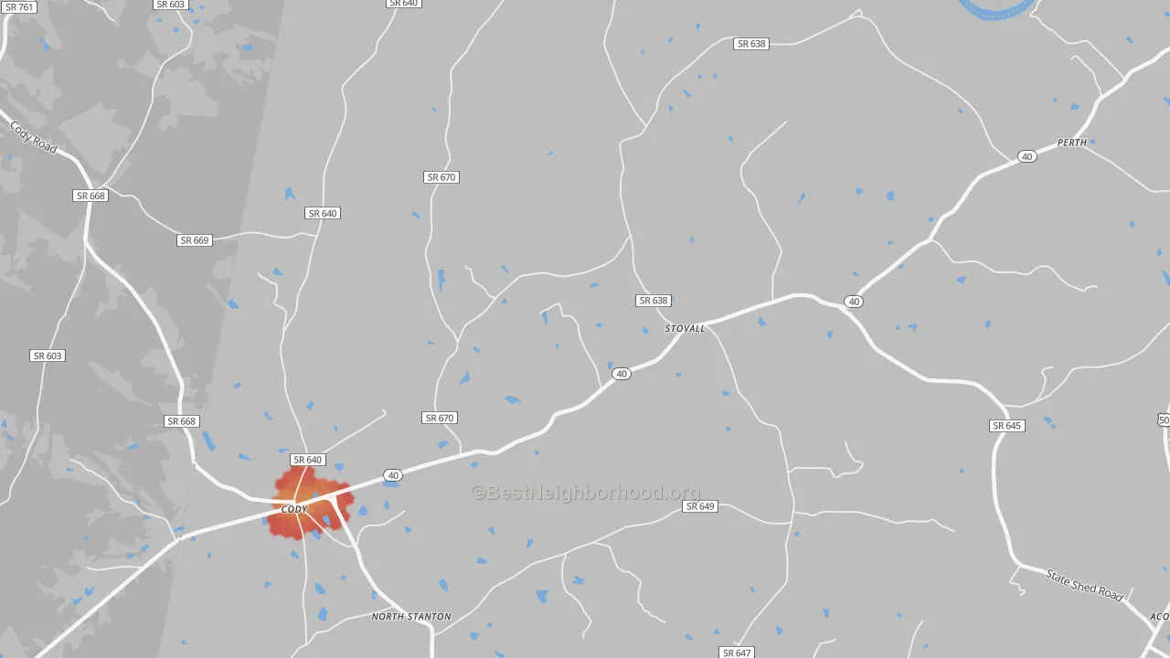 Walk Grade map of Stovall, VA, walkable areas in green and car-dependent areas in red