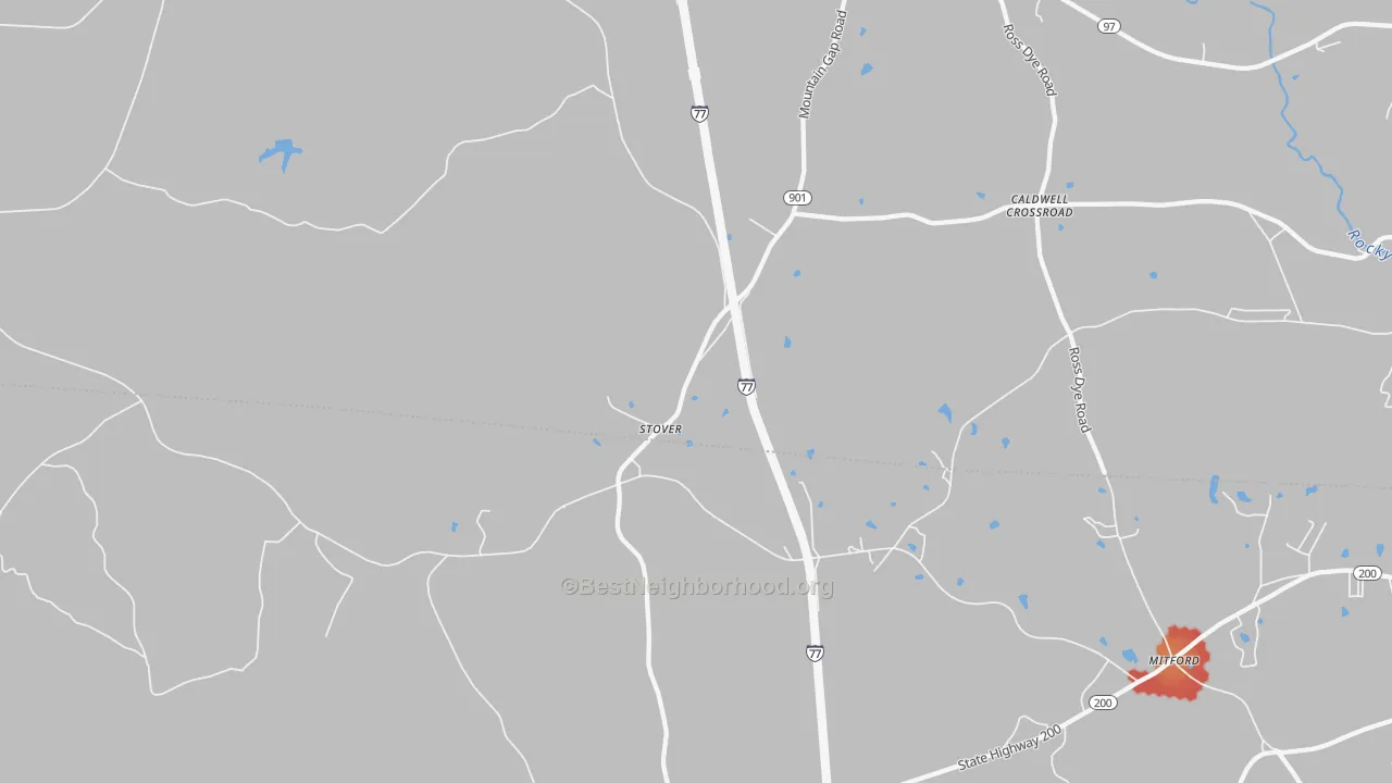 Walk Grade map of Stover, SC, walkable areas in green and car-dependent areas in red