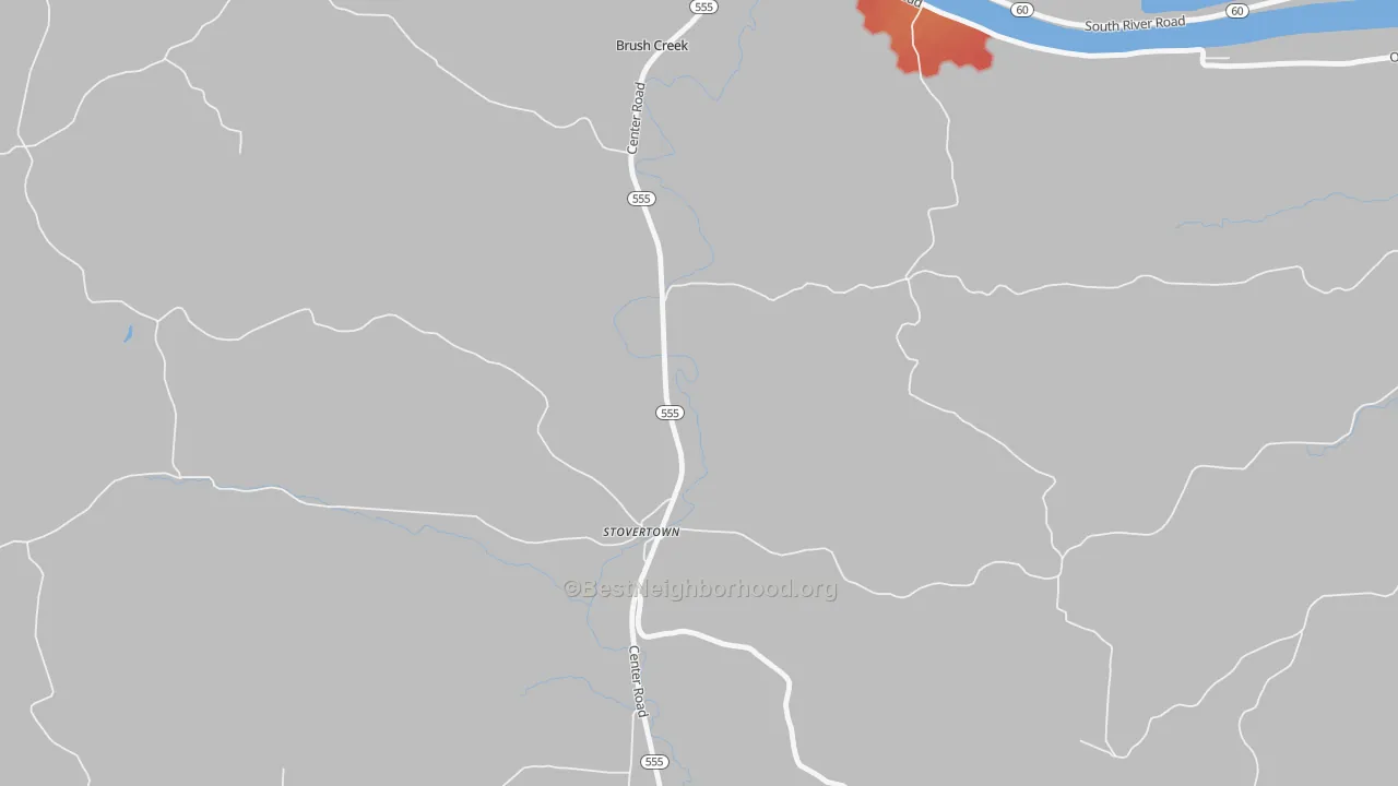 Walk Grade map of Stovertown, OH, walkable areas in green and car-dependent areas in red
