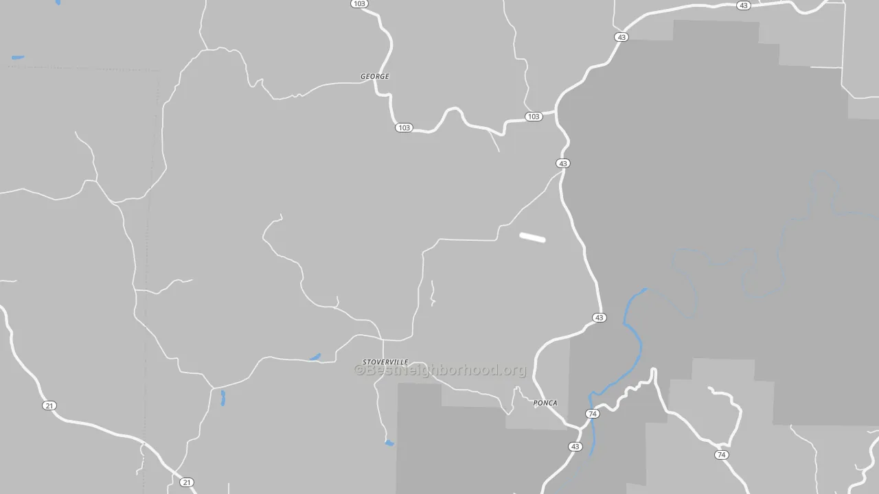 Walk Grade map of Stoverville, AR, walkable areas in green and car-dependent areas in red
