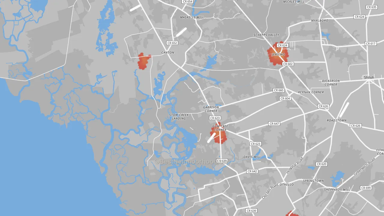 Walk Grade map of Stow Creek Landing, NJ, walkable areas in green and car-dependent areas in red