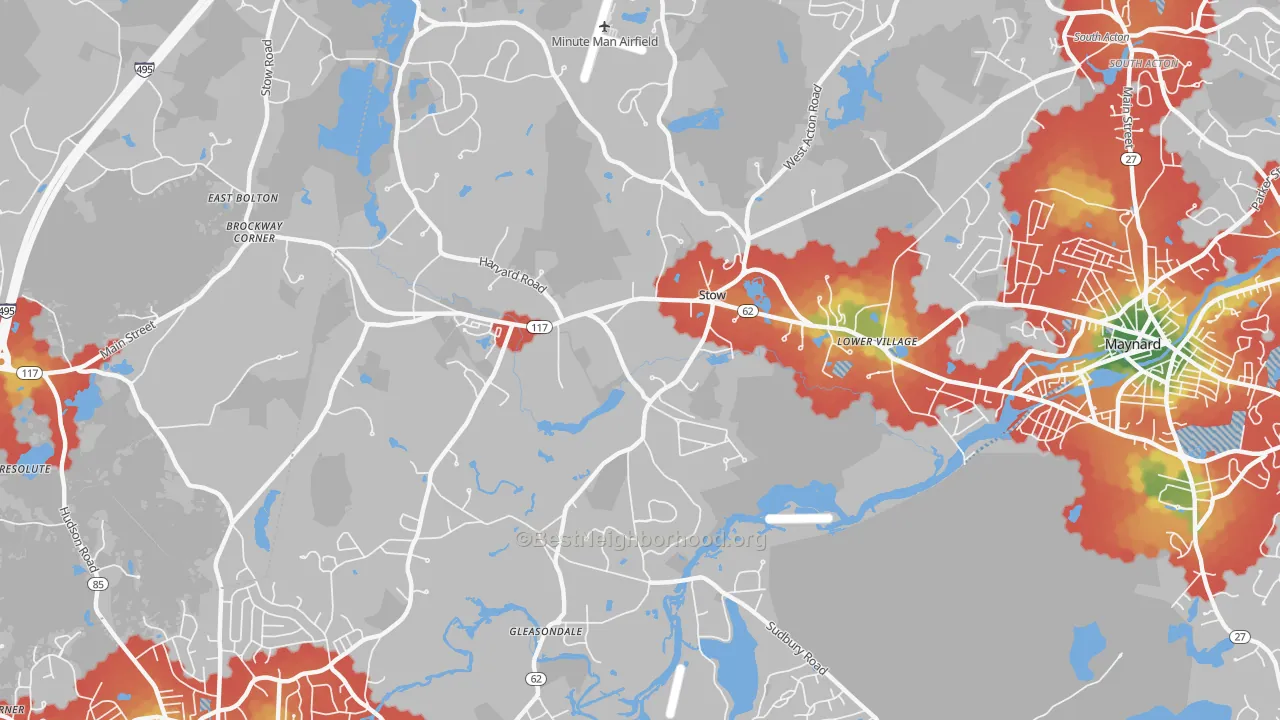 Walk Grade map of Stow, MA, walkable areas in green and car-dependent areas in red