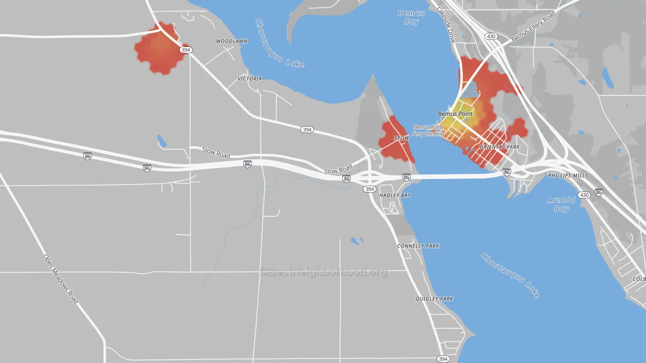 Walk Grade map of Stow, NY, walkable areas in green and car-dependent areas in red
