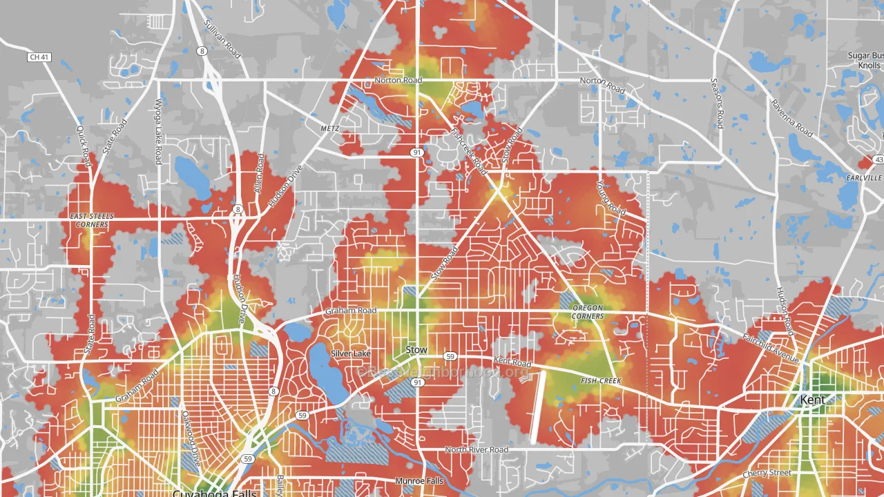 Walk Grade map of Stow, OH, walkable areas in green and car-dependent areas in red
