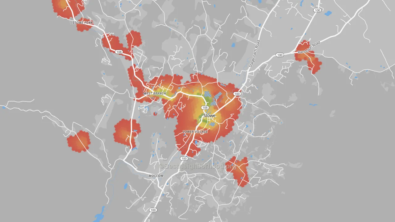 Walk Grade map of Stowe, VT, walkable areas in green and car-dependent areas in red