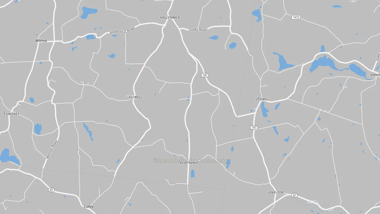 Walk Grade map of Stowell, PA, walkable areas in green and car-dependent areas in red