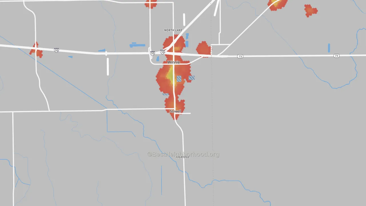 Walk Grade map of Stowell, TX, walkable areas in green and car-dependent areas in red