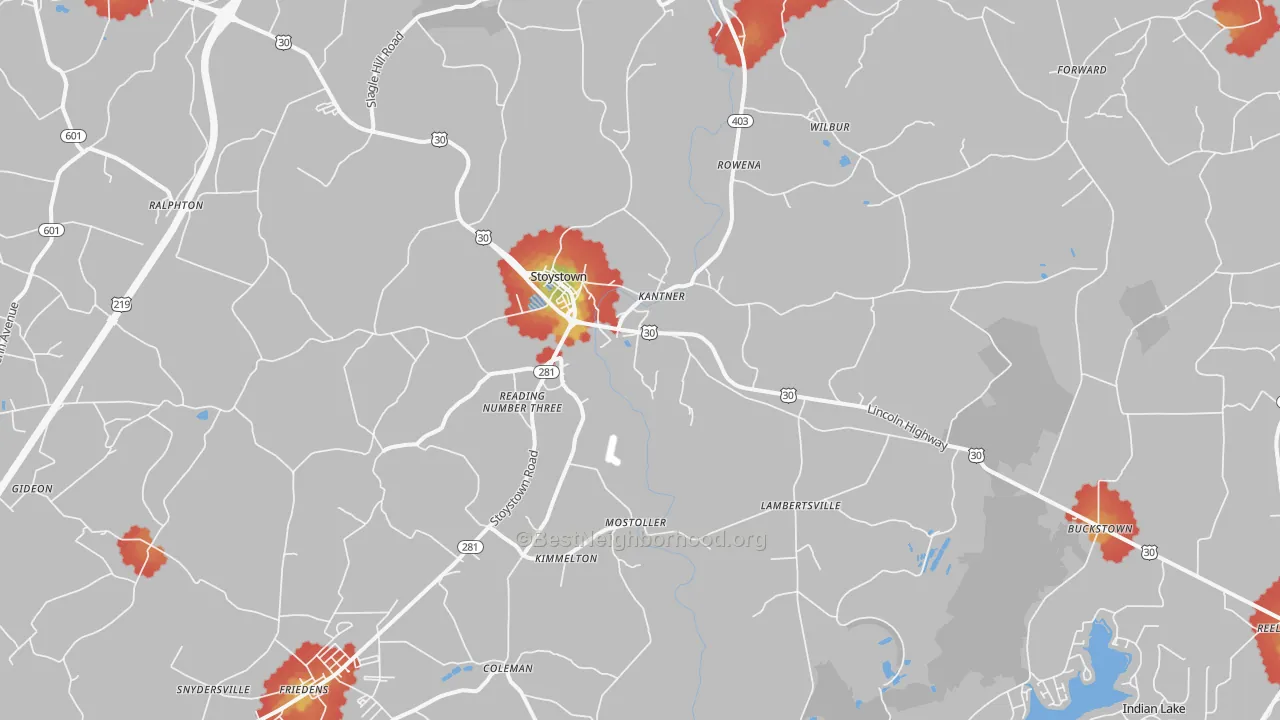 Walk Grade map of Stoystown, PA, walkable areas in green and car-dependent areas in red