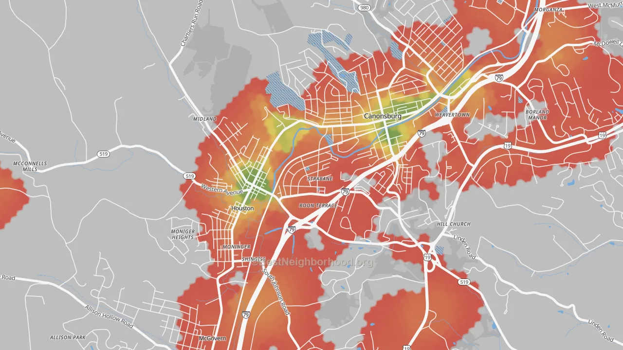 Walk Grade map of Strabane, PA, walkable areas in green and car-dependent areas in red