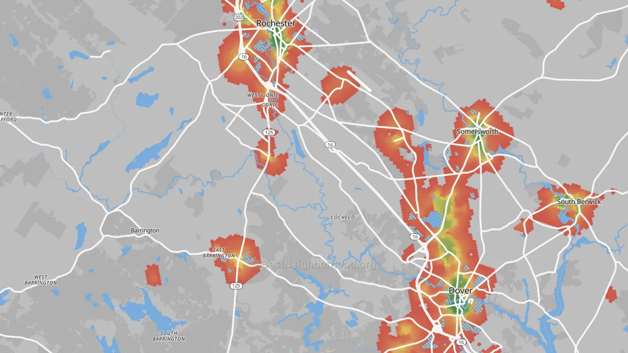 Walk Grade map of Strafford County, NH, walkable areas in green and car-dependent areas in red