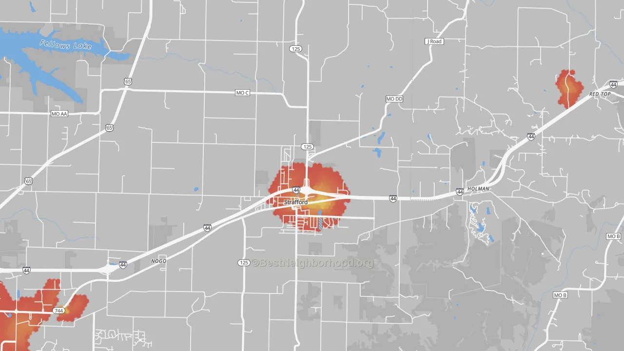 Walk Grade map of Strafford, MO, walkable areas in green and car-dependent areas in red