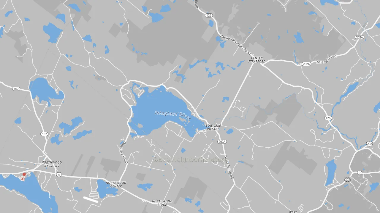 Walk Grade map of Strafford, NH, walkable areas in green and car-dependent areas in red