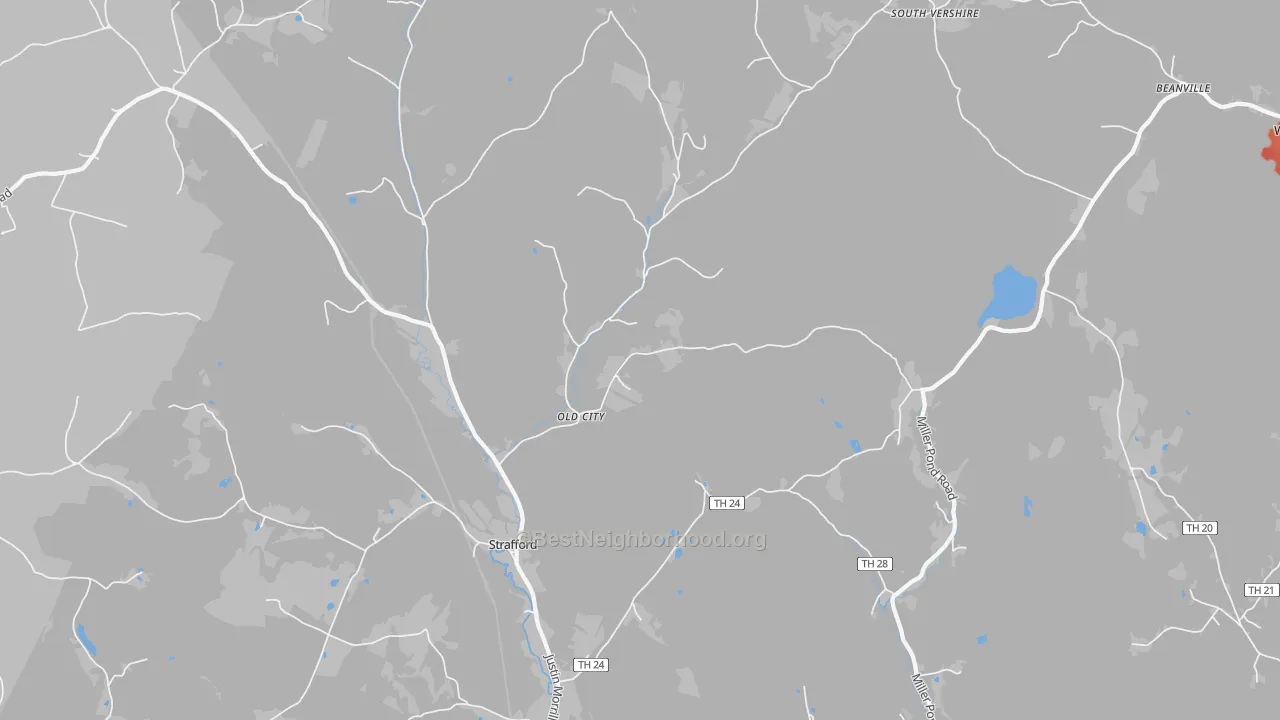 Walk Grade map of Strafford, VT, walkable areas in green and car-dependent areas in red