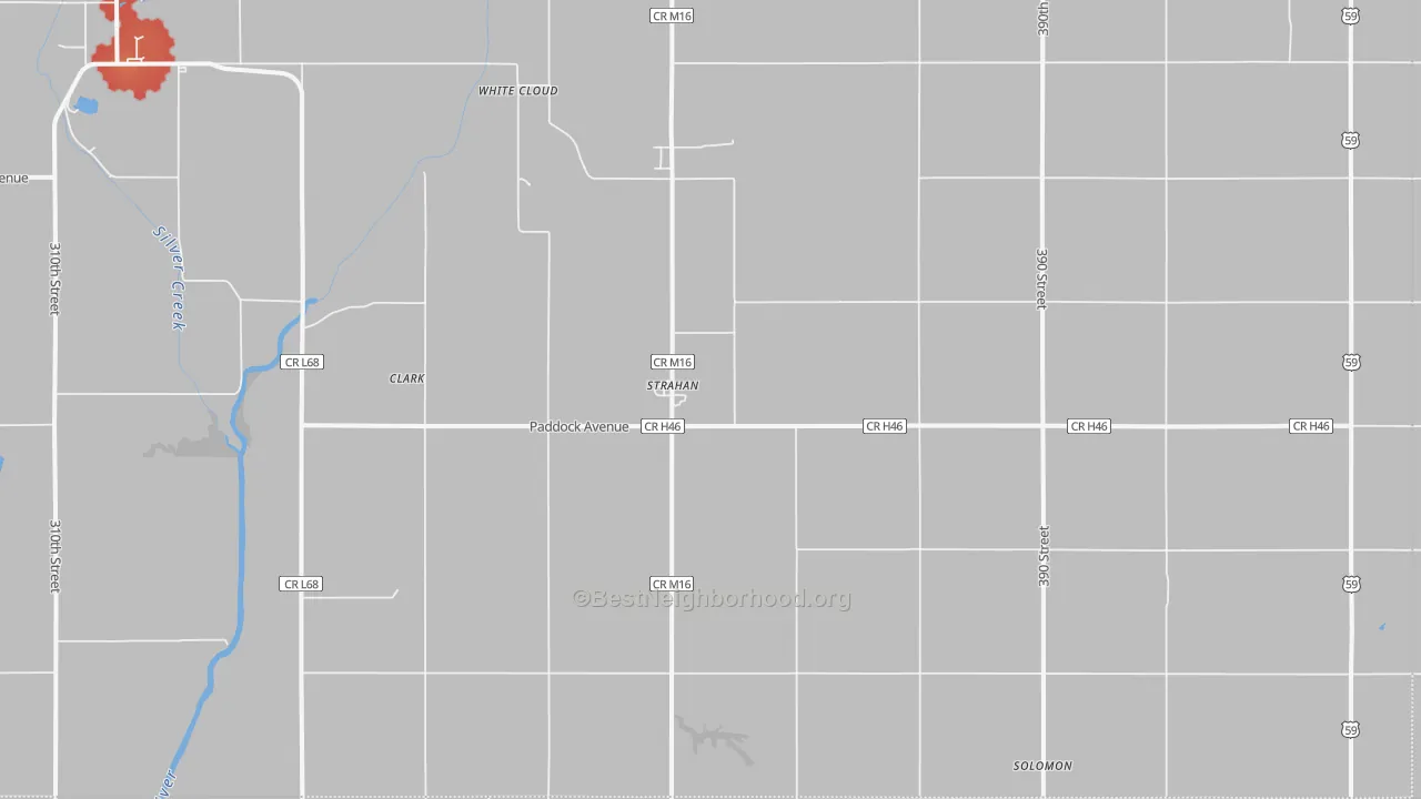 Walk Grade map of Strahan, IA, walkable areas in green and car-dependent areas in red