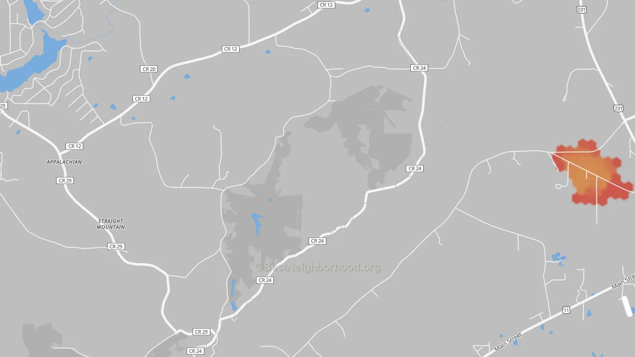 Walk Grade map of Straight Mountain, AL, walkable areas in green and car-dependent areas in red