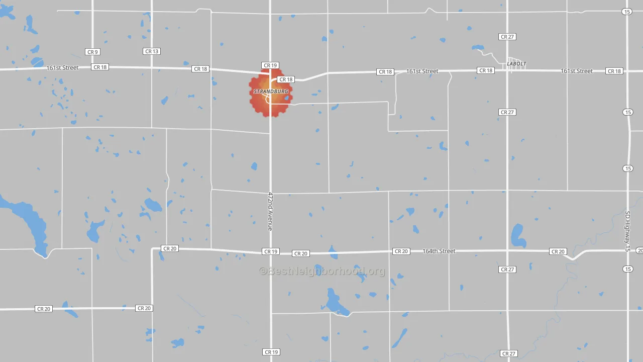 Walk Grade map of Strandburg, SD, walkable areas in green and car-dependent areas in red