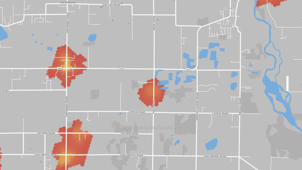 Walk Grade map of Strandell, WA, walkable areas in green and car-dependent areas in red