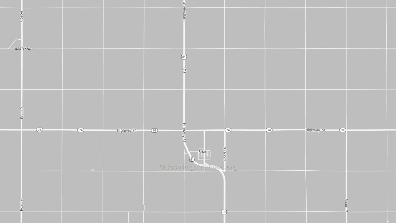 Walk Grade map of Strang, NE, walkable areas in green and car-dependent areas in red