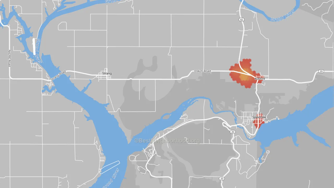 Walk Grade map of Strang, OK, walkable areas in green and car-dependent areas in red