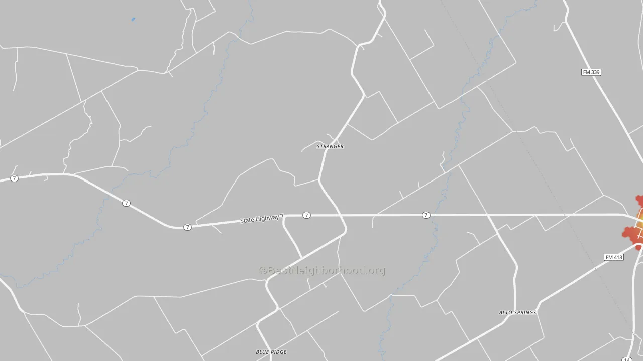 Walk Grade map of Stranger, TX, walkable areas in green and car-dependent areas in red
