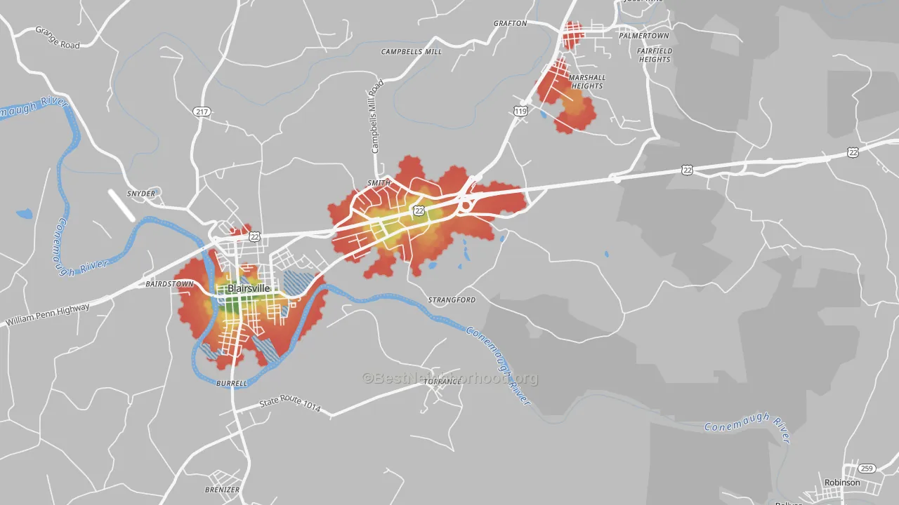 Walk Grade map of Strangford, PA, walkable areas in green and car-dependent areas in red