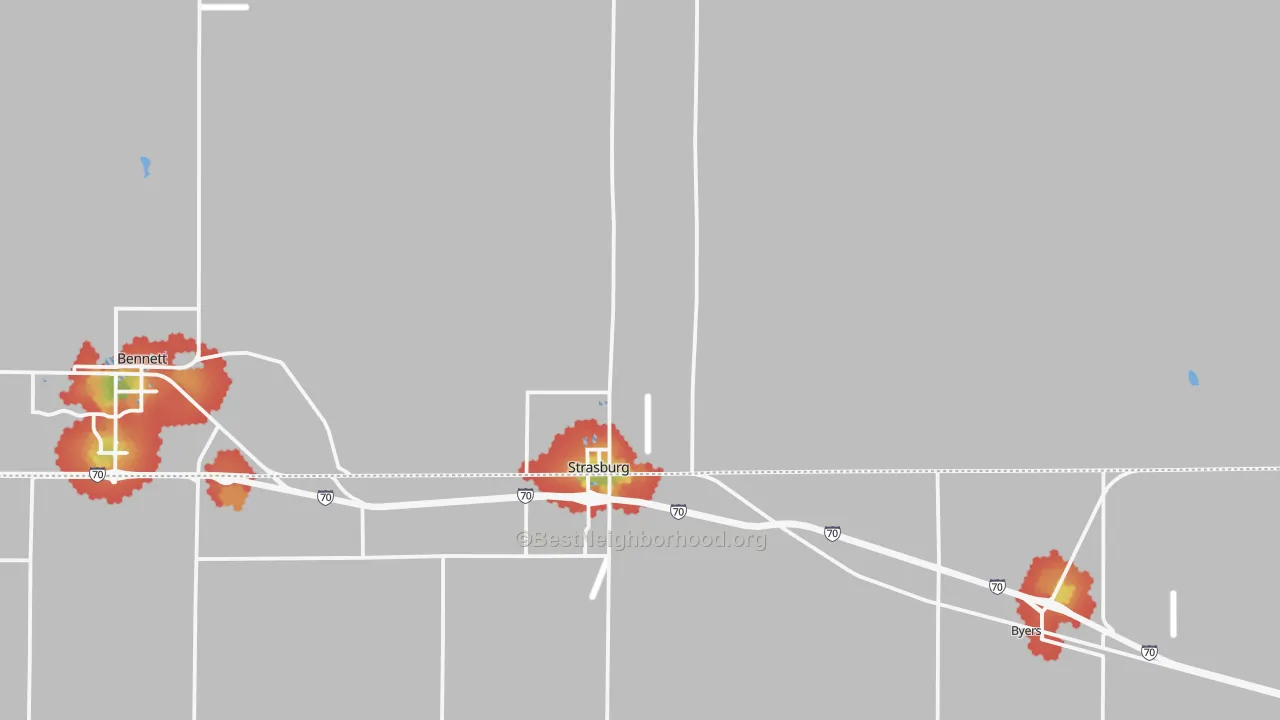 Walk Grade map of Strasburg, CO, walkable areas in green and car-dependent areas in red