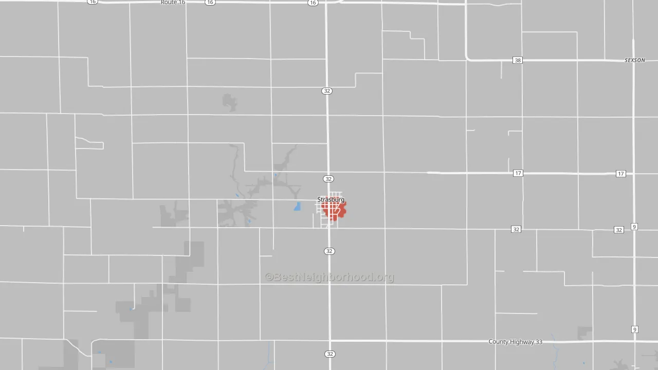 Walk Grade map of Strasburg, IL, walkable areas in green and car-dependent areas in red