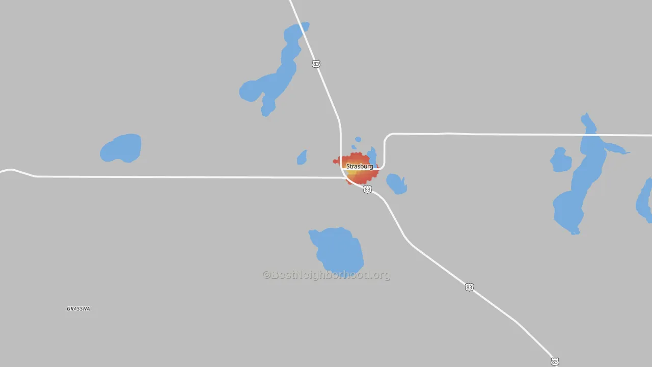 Walk Grade map of Strasburg, ND, walkable areas in green and car-dependent areas in red