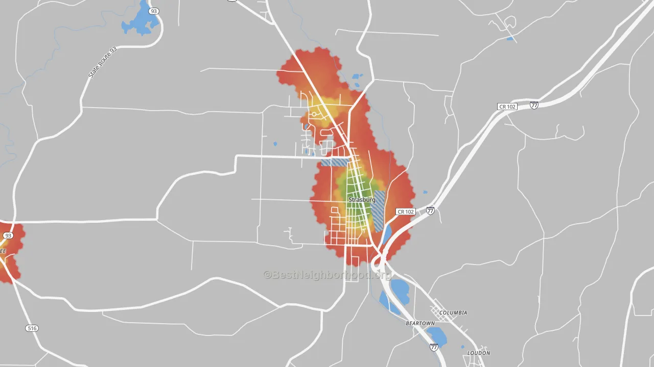 Walk Grade map of Strasburg, OH, walkable areas in green and car-dependent areas in red