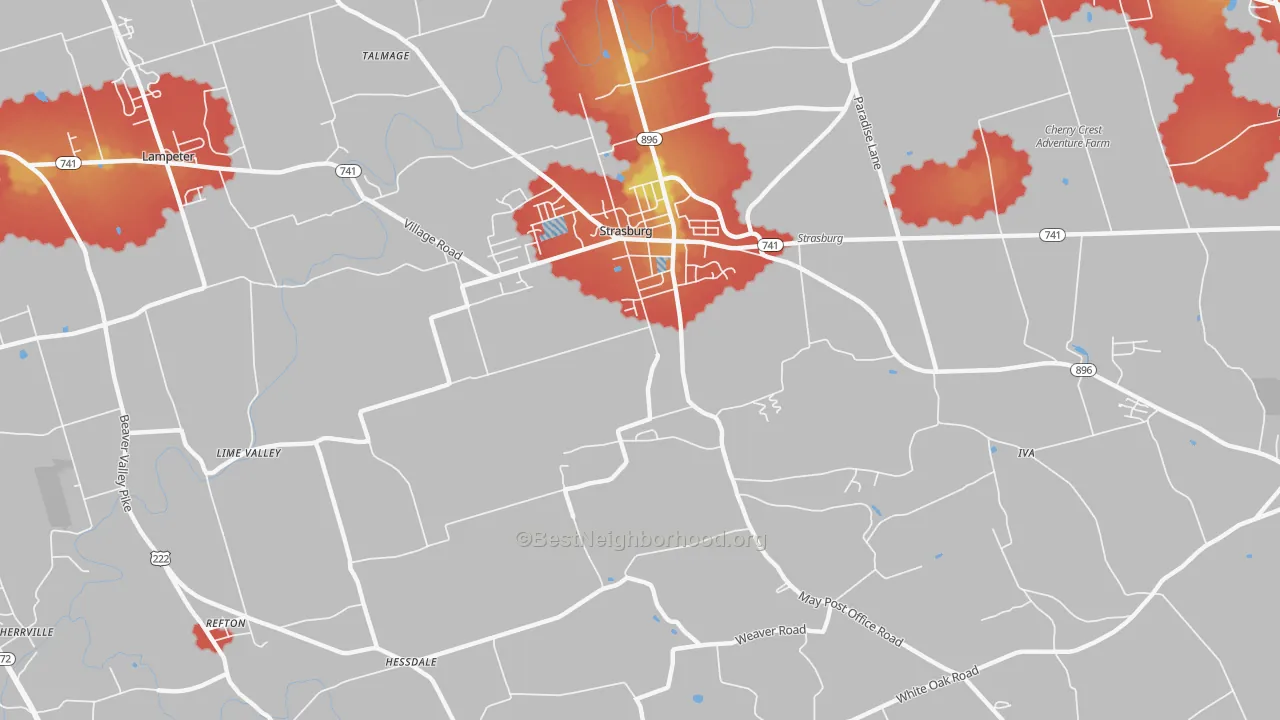Walk Grade map of Strasburg, PA, walkable areas in green and car-dependent areas in red