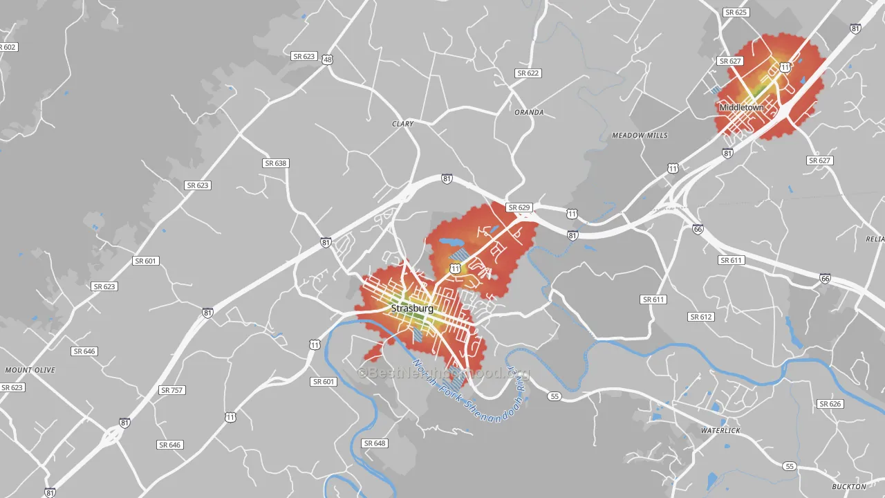 Walk Grade map of Strasburg, VA, walkable areas in green and car-dependent areas in red