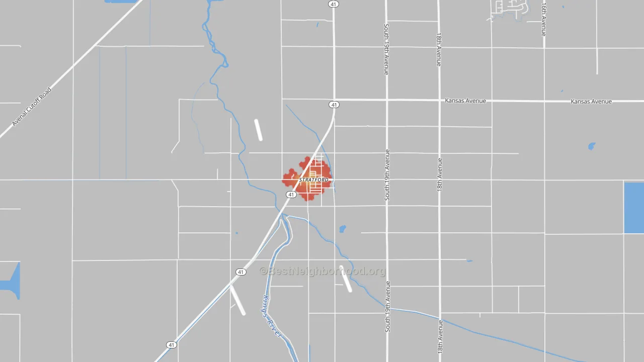 Walk Grade map of Stratford, CA, walkable areas in green and car-dependent areas in red