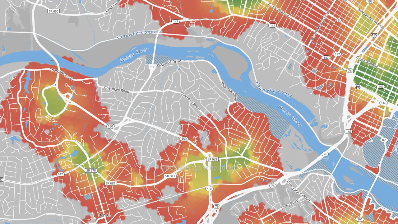 Walk Grade map of Stratford Hills, Richmond, VA, walkable areas in green and car-dependent areas in red