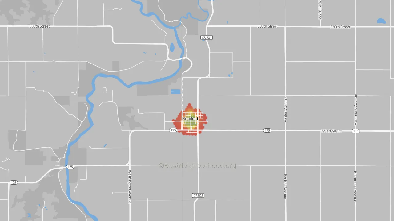 Walk Grade map of Stratford, IA, walkable areas in green and car-dependent areas in red
