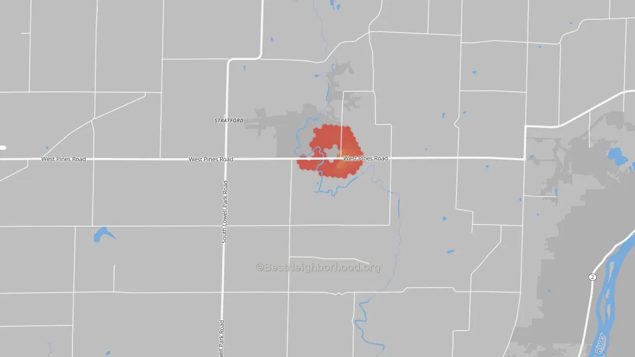 Walk Grade map of Stratford, IL, walkable areas in green and car-dependent areas in red